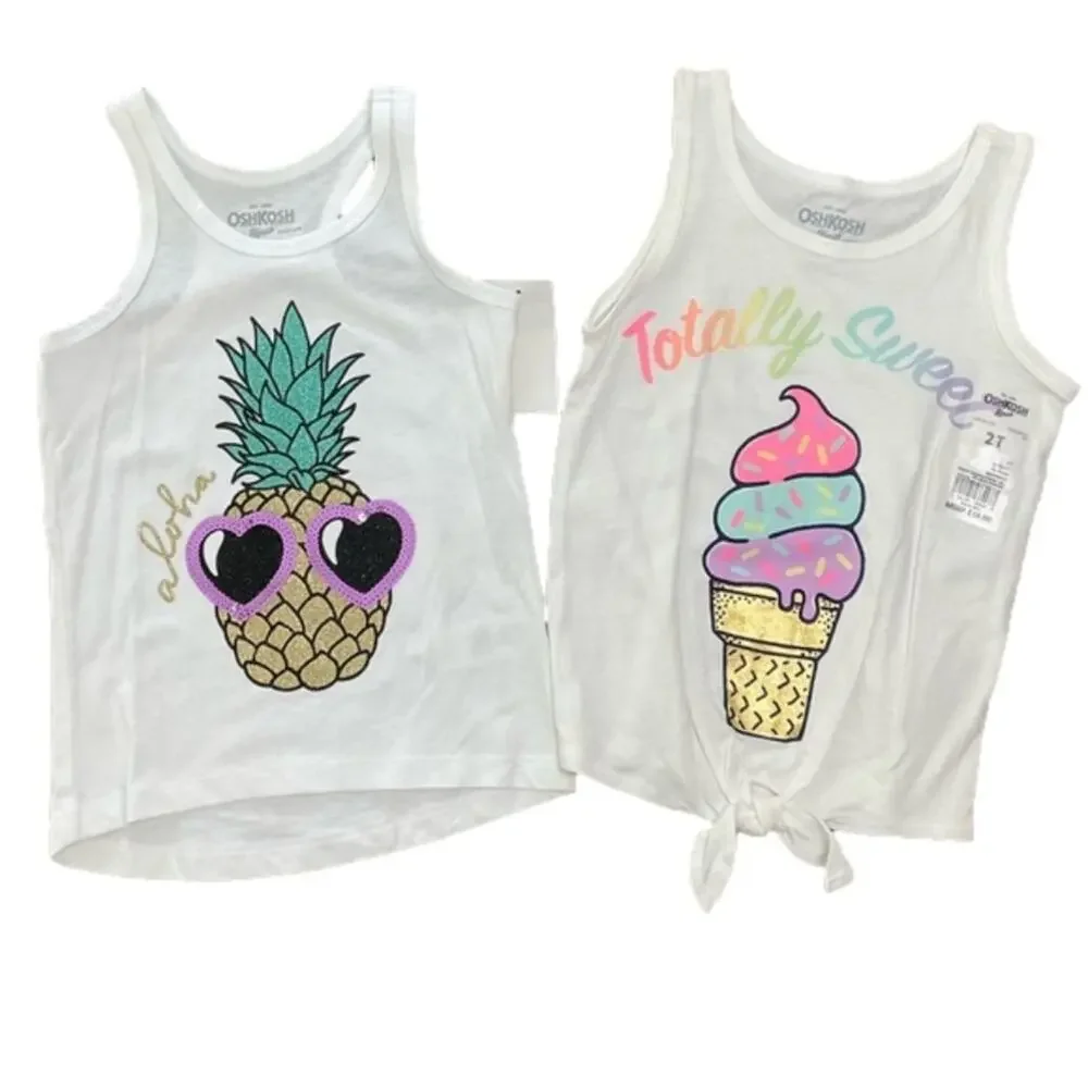 OshKosh B'gosh Girl’s White Tank Tops Pineapple Ice Cream Prints Size 2T NWT